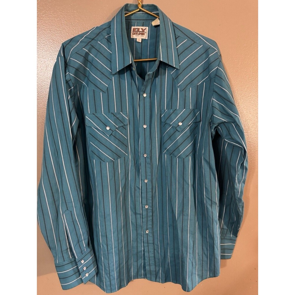 Ely Cattlemen Pearl Snap Shirt Mens Size 16.5/35 Teal/Gray Stripe Western Wear